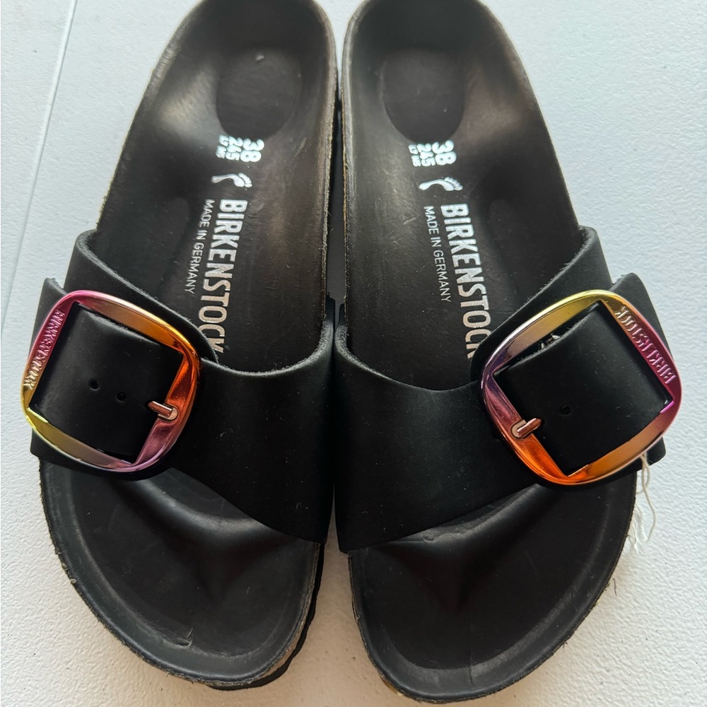 Birkenstock Black Sandals with Iridescent Rainbow Buckles